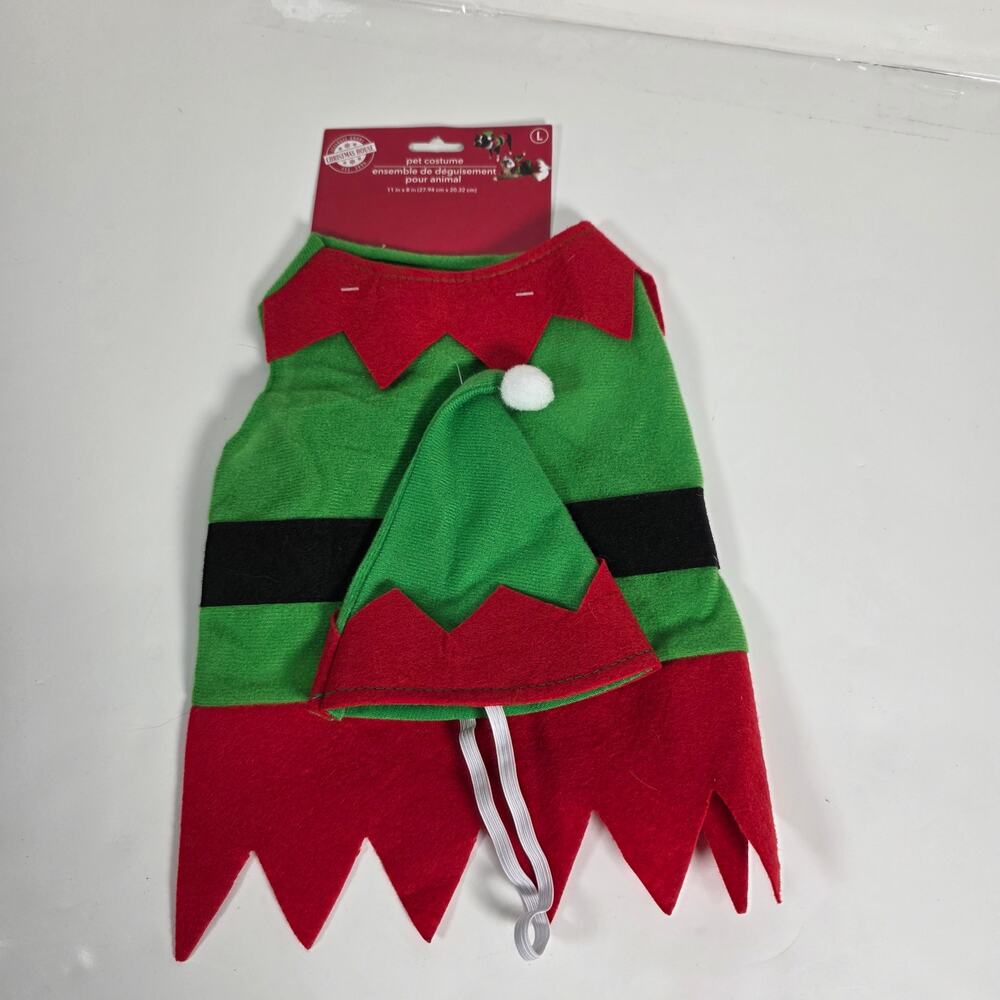 Dog Costume Size Large Christmas Elf Cheerful Bright Red & Green Bodysuit & Cap